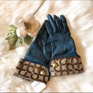 Coach Signature Gloves Moroccan Blue Leather Cashmere Lined Op Art